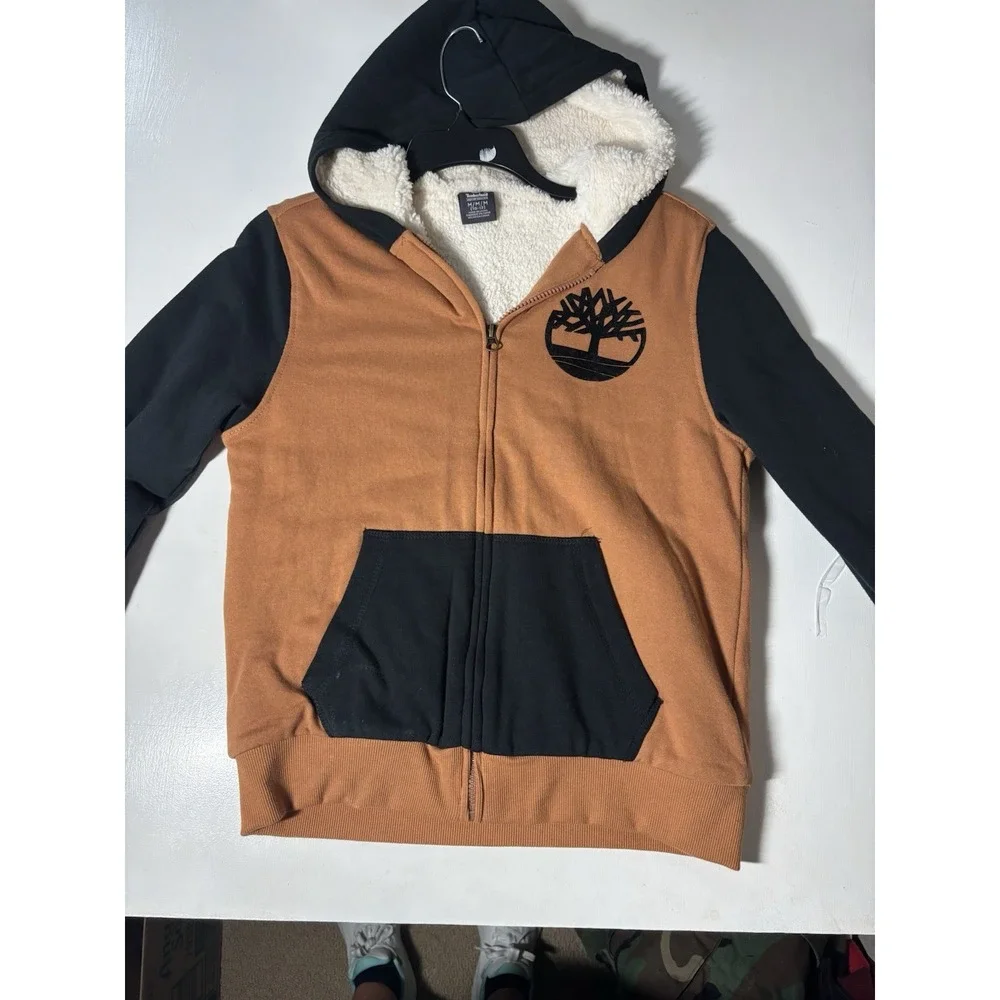 Timberland Full Zip Fleece Lined Pocket Hoodie Soft Brown/Black Youth Medium
